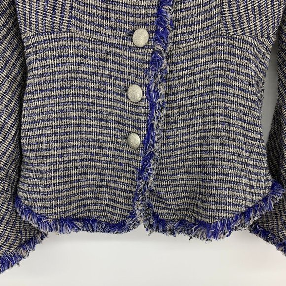 Theyskens' Theory Jossak Jacket Womens 2 Blue Tweed Stretch Button Fray Trim - Picture 6 of 11